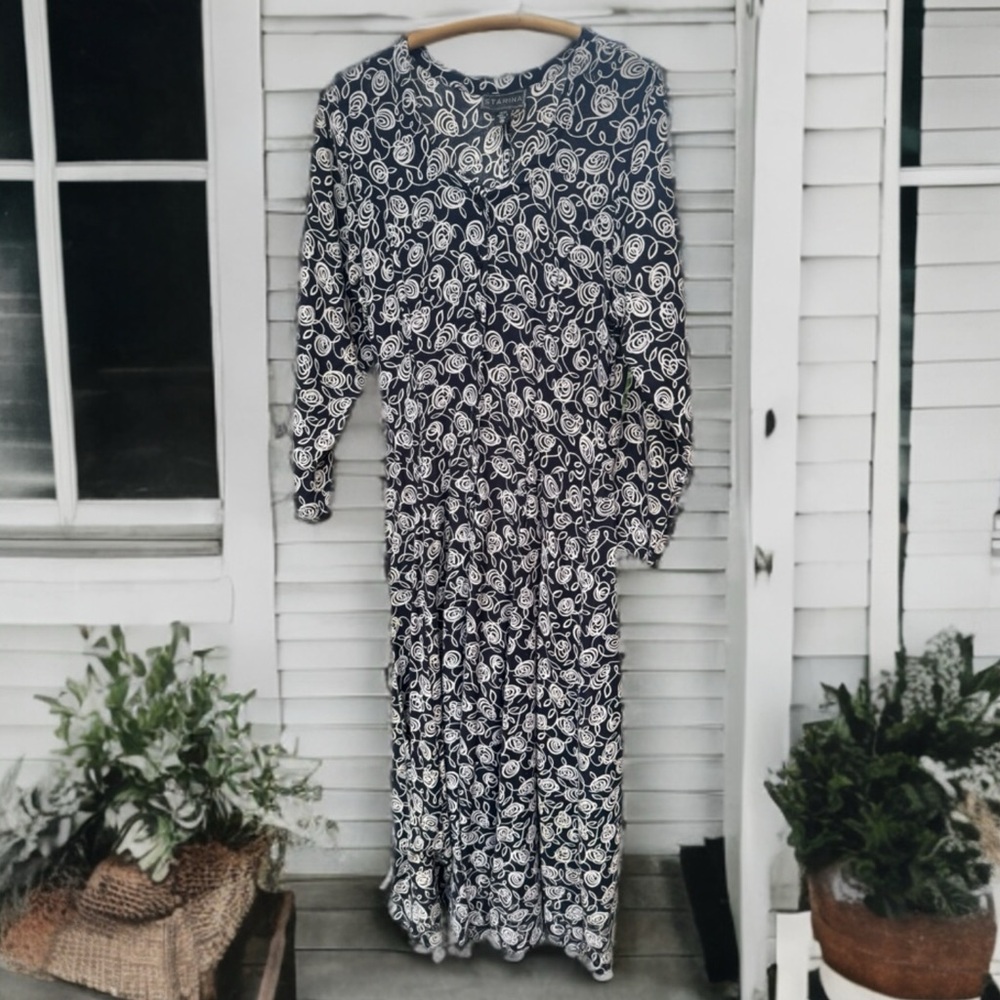 Vintage STARINA 100% Rayon Long Navy and White Floral Print Button Front Dress M